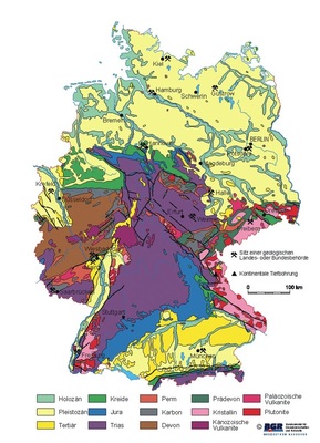 Geologische Karte von Deutschland. Keuper und Gipskeuper sind erd­geschichtlich der Trias zugeordnet.