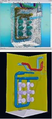 Technikzentrale als Punktwolke und als fertiges CAD-Modell.