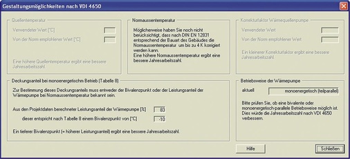 Hinweise zum möglichen Gestaltungsspielraum bei der Anwendung der VDI 4650 im Optimierungsmodus des VDI-4650-Rechners in WP-OPT. - © WPsoft
