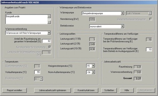 VDI-4650-Rechner zur Bestimmung der Jahresarbeitszahl von WPsoft mit Parametrierung für Beispiel 2 (ohne Optimierung der Jahresarbeitszahl). - © WPsoft
