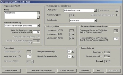 VDI-4650-Rechner zur Bestimmung der Jahresarbeitszahl von WPsoft mit Parametrierung für Beispiel 2 (ohne Optimierung der Jahresarbeitszahl).