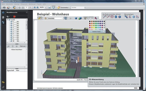 3D PDFs enthalten Informationen über Texturen, Farben, Abmessungen, Objektdaten... - © Adobe/b17 Architekten
