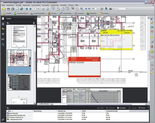 PDF als „Sammelmappe“, in der unterschiedliche Projektinformationen wie Pläne, Berechnungen, Aktennotizen, Bauzeitpläne abgelegt werden können.