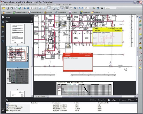 PDF als „Sammelmappe“, in der unterschiedliche Projektinformationen wie Pläne, Berechnungen, Aktennotizen, Bauzeitpläne abgelegt werden können. - © Adobe
