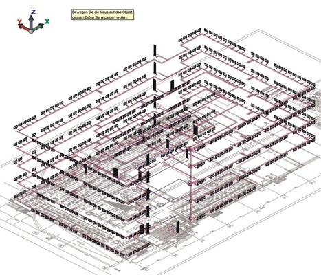 Rohrnetzisometrie mit Grundriss als Gesamtmodell. - © mh-software
