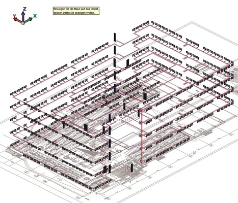 Rohrnetzisometrie mit Grundriss als Gesamtmodell.