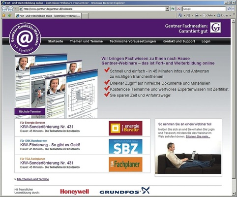 Bild 4 Webseite der Gentner-Webinare: www.gentner.de/webinar. Hier können sich Interessierte auch für andere Webinare anmelden, z.B.: „Gebäudemanagement (Vernetzung der gebäudetechnischen Systeme)“, „Einsatz von Heizungspumpen“ und die „Rückstausicherung in der Gebäudetechnik“.