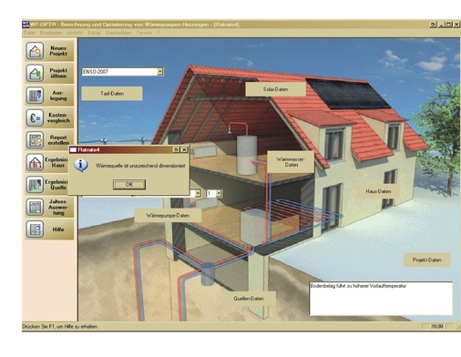 Bild 2 Screenshot der Software WP-OPT zur Berechnung und Optimierung von Wärmepumpenheizungen. Wird der Wärmebedarf bei einer bestehenden Wärmequellenanlage immer weiter erhöht, kann sie sich infolge der Unter­dimensionierung in den Sommermonaten nicht mehr vollständig thermisch regenerieren.