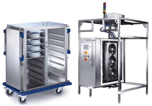 Bild 6 Tablett-Transportwagen mit einer Kapazität von 16 oder 20 Euronorm-Tabletts. Automatische Befüllstation für Tablett-Transportwagen.