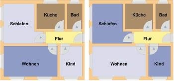Nutzungsbeispiel: Lüftungsbedarf im Wohnzimmer am Tag (links) und in den Schlafräumen in der Nacht (rechts). Durch ansteuerbare Luftdurchlässe und eine druckkonstante ­Betriebsweise der Ventilatoren kann die Lüftung entsprechend der auftretenden Lasten erfolgen.