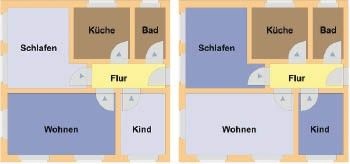 Nutzungsbeispiel: Lüftungsbedarf im Wohnzimmer am Tag (links) und in den Schlafräumen in der Nacht (rechts). Durch ansteuerbare Luftdurchlässe und eine druckkonstante ­Betriebsweise der Ventilatoren kann die Lüftung entsprechend der auftretenden Lasten erfolgen. - © ZLT
