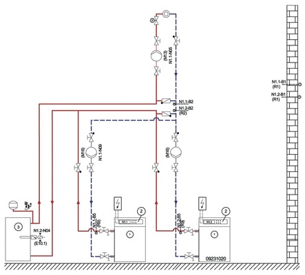 Bild 6 Hydraulikschema einer Parallelschaltung von mehreren Logafix-Wärmepumpen mit Reihenschaltung eines ­Pufferspeichers und doppeltem Bypass. - © Buderus
