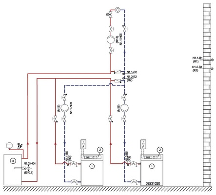 Bild 6 Hydraulikschema einer Parallelschaltung von mehreren Logafix-Wärmepumpen mit Reihenschaltung eines ­Pufferspeichers und doppeltem Bypass.