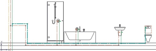 Abb. 2 In der Stockwerksinstallation finden sich in der Praxis oft herkömmliche T-Stück-Installationen. Trotz der kurzen Strecke stellt die Einzelzuleitung einen nicht regelmäßig durchströmten Rohrleitungs­abschnitt mit hohem Verkeimungsrisiko dar. Der Farbverlauf zeigt den Rohrleitungsabschnitt, der bei einer Wasserentnahme durchströmt wird.