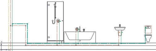 Abb. 2 In der Stockwerksinstallation finden sich in der Praxis oft herkömmliche T-Stück-Installationen. Trotz der kurzen Strecke stellt die Einzelzuleitung einen nicht regelmäßig durchströmten Rohrleitungs­abschnitt mit hohem Verkeimungsrisiko dar. Der Farbverlauf zeigt den Rohrleitungsabschnitt, der bei einer Wasserentnahme durchströmt wird. - © Viega
