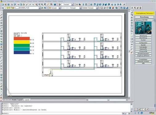 Abb. 5 Zur Unterstützung der Planung einer hygienisch und wirtschaftlich optimierten Trinkwasser-­Installation kann eine Rohrnetzanalyse in Form einer grafischen Auswertung der Berechnungsergebnisse, z.B. der Rohrnennweiten in einem Strangschema mit einer Stockwerksinstallation mit Reihenleitung, ­hilfreich sein.