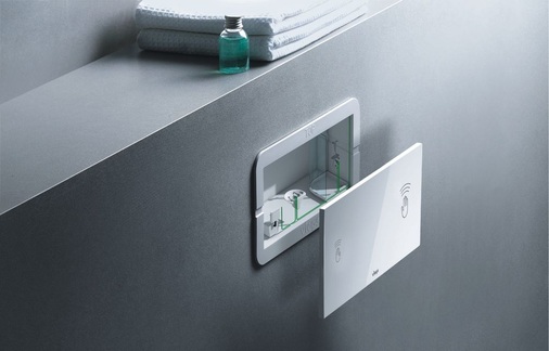 Abb. 7 Zur Vermeidung von Stagnationen bei Nichtbenutzung bildet eine individuell eingestellte Visign for Care Betätigungsplatte mit Viega Hygiene+ Funktion am Ende der Stockwerksleitung den bestimmungsgemäßen Gebrauch durch eine dezentrale Auslöseautomatik an einer entscheidenden Entnahmestelle ab.