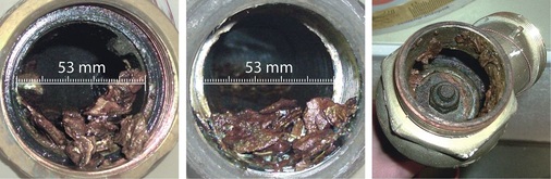 Abb. 1 Ablagerungen und Partikel in unterschiedlichen Bestands-Löschwasseranlagen für die Hydrantenversorgung. Quelle: Serviceabteilung GEP Industrie-Systeme.