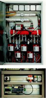 Abb. 2 Die Geniax-Miniaturpumpen und die Pumpenelektroniken wurden zusammen mit den Wärmezählern in Unterputz-Verteilern ­angeordnet. Zur Regelung und Sollwertanpassung befinden sich in jedem Raum Bediengeräte.<br />Abb. 3 Pro Teilgebäude ist ein Geniax-Server im Heizungskeller installiert. Unter anderem sorgt er für die bedarfsgerechte Vorlauf­temperaturregelung. - © Wilo
