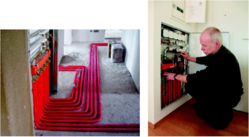 Abb. 6 In der Rohinstallationsphase wurden zur Anbindung der Pumpen an die Heizkreise insgesamt 121 Pumpenadapter in die wohnungs­eigenen Unterputz-Heizkreisverteiler ­eingesetzt. Abb. 7 Die GeniaxMiniaturpumpen ­werden erst ein­gesetzt, wenn das ­System komplett ­befüllt ist.