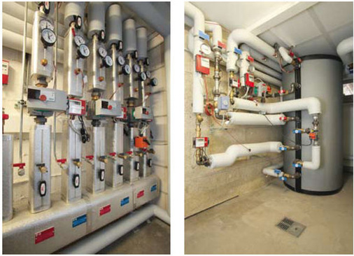 Abb. 4 Übergabestation des Nahwärmenetzes in einer der Heizzentralen. <br />Abb. 5 Der Hauptverteilkreis ist über Pufferspeicher hydraulisch von den Verteilkreisen der drei Gebäudeteile entkoppelt.