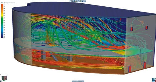 Abb. 2 Luftströmung in einem Atrium: CFD ist dann sinnvoll und notwendig, wenn z.B. durch die besondere Raumgeometrie bedingte Luftströmungen ­untersucht werden sollen. - © CFdesign
