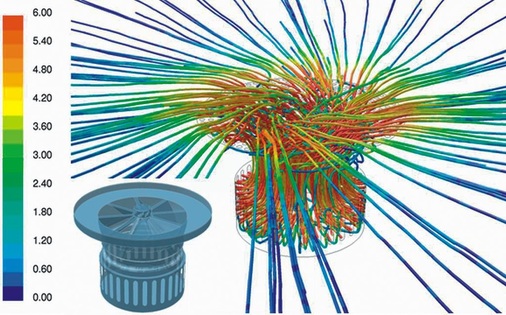 Abb. 6 Projektbeispiel: Strömung durch einen Fußbodendrallauslass — Pfadlinien eingefärbt mit der Geschwindigkeit in m/s.