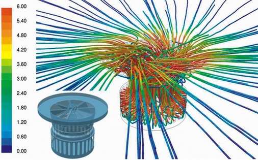 Abb. 6 Projektbeispiel: Strömung durch einen Fußbodendrallauslass — Pfadlinien eingefärbt mit der Geschwindigkeit in m/s. - © INNIUS GTD GmbH
