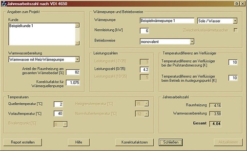 Abb. 6 Berechnung der Jahresarbeitszahl einer Sole/Wasser-Wärmepumpe mit dem VDI-4650-Rechner.