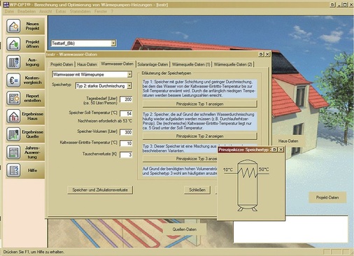 Abb. 9 Berechnung der Jahresarbeitszahl für die Trinkwasser­erwärmung entsprechend eines verwendeten Speicherkonzepts mit WP-OPT.