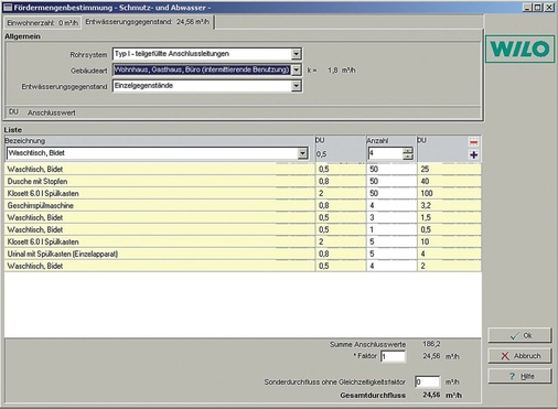 Abb. 6 Mit Wilo-Select kann eine Abwasser­hebeanlage Schritt für Schritt ausgelegt werden. Über den ­Betriebspunktrechner kann der Spitzen­zufluss schnell und einfach berechnet ­werden.