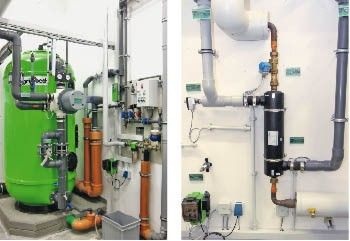 Abb. 3 Mehrschichtfilter für den Umwälzkreislauf des Entmüdungsbeckens (links). Mit dem Rohrbündelwärmeübertrager (rechts) wird der Wasserkreislauf im Stand-by-Betrieb auf einer abgesenkten Temperatur gehalten und vor dem Befüllen auf Nutztemperatur erwärmt.