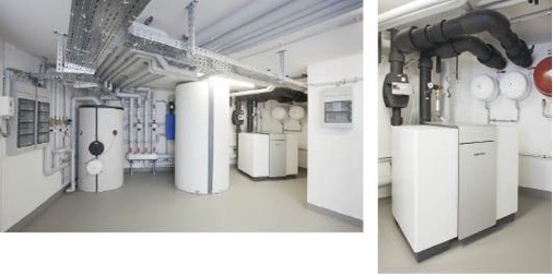 Abb. 3 Ziel war es, die Wohnanlage besonders energieeffizient zu gestalten. In jedem der beiden Technikräume befinden sich identische Anlagen mit einer Sole/Wasser-Wärmepumpe WPF 66 von Stiebel Eltron mit 69 kW Heizleistung für die Raumheizung und Trinkwassererwärmung. - © Stiebel Eltron / Reinsch / Liebezeit
