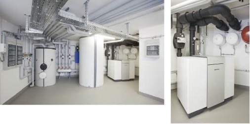 Abb. 3 Ziel war es, die Wohnanlage besonders energieeffizient zu gestalten. In jedem der beiden Technikräume befinden sich identische Anlagen mit einer Sole/Wasser-Wärmepumpe WPF 66 von Stiebel Eltron mit 69 kW Heizleistung für die Raumheizung und Trinkwassererwärmung.