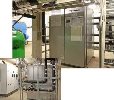 Abb. 2 Trotz beengter räumlicher Verhältnisse ließ sich die kompakte Yazaki-Absorptions­kältemaschine (105 kW Nenn-Kälteleistung) ­nachträglich noch gut in den vorhandenen Raum der FW-Übergabestation einbauen. Alle Pumpen- und Ventilatorenantriebe der AKM und des Rückkühlers sind drehzahl­geregelt. Das verbessert die Leistungszahl der AKM und vergrößert die Auskühlung im Fernwärmenetz.