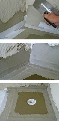 Abb. 2 Beispiel für den Einbau eines befliesbaren, bodenebenen Duschplatzes. Oben: Nach der Trocknung werden alle Dichtbänder nochmals mit der Abdichtmasse überspachtelt. Mitte: Die Abdichtmasse muss die Dichtbänder und die Eckausbildungen vollständig überdecken. Unten: Nach Abschluss der Dichtarbeiten kann der Duschbereich mit dem Fliesenbelag fertiggestellt werden.