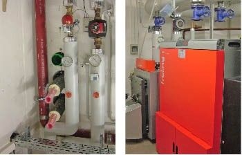 Abb. 4 Heizraum Pfarr- und Gemeindezentrum Pähl. Links: Stutzen für Wärmeleitungen zum unterirdischen Verteilerschacht und weiter Richtung Grundschule, Rathaus, Pfarrhof und Kindergarten. Rechts: Pellet-Heizkessel Fröling P4, dahinter der bestehende Öl-Heizkessel für Spitzenlast- und Wartungszeiten.