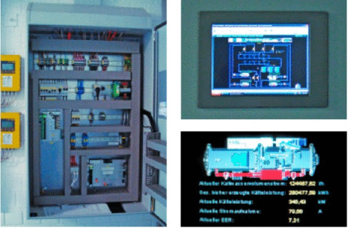 Abb. 3 Links: Der „Kältemanager“. Carrier Controls regelt komplett Kaltwasser und Luft und wurde via BACnet an die Gebäudeleittechnik von Siemens angebunden. Oben: Zum Monitoring wurde ein Webserver mit detaillierter Anlagenvisualisierung und Ferneinwahl installiert. Unten: Die Techniker im Werk Waldenbuch haben jederzeit einen umfassenden Überblick über alle Funktionen und Leistungswerte der Anlagen. - © Carrier
