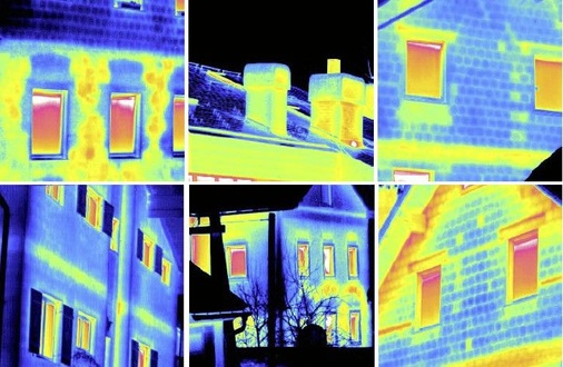 Abb. 3 Mit Bauthermografie-Kameras lassen sich zahlreiche ­Problembereiche an Gebäuden und Fassaden erkennen. Oben: Feuchtes Mauerwerk, schadhafter Schornstein, Wärmebrücke. Unten: Wärmebrücke, schadhaftes Mauerwerk, ohne Vollwärmeschutz.