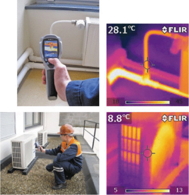 Abb. 6 Oben: Fehlersuche an einem Heizkörperanschluss. Unten: Überprüfung der Außeneinheit eines Klimageräts.