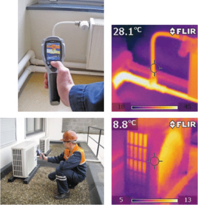 Abb. 6 Oben: Fehlersuche an einem Heizkörperanschluss. Unten: Überprüfung der Außeneinheit eines Klimageräts. - © Flir Systems
