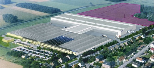 Abb. 4 Expansion gesichert: Luftaufnahme des Trox-Werks Anholt ergänzt um die neue X-CUBE Fertigungshalle; (rot eingefärbt) das im September 2011 erworbene Gelände für eine mögliche Standorterweiterung.