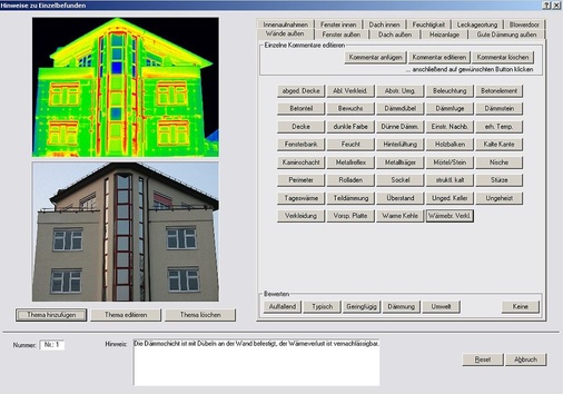 Abb. 10 Zusätzliche Funktionen wie eine Kommentar-Datenbank für umfangreiche BauthermografieBerichte… - © InfraTec
