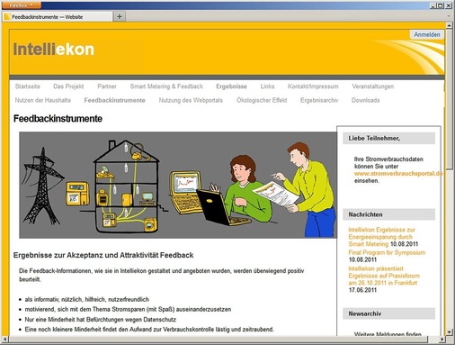 Feedbackinstrumente: Durch intelligente Zähler und die Visualisierung des Stromverbrauchs können Privathaushalte diesen um durchschnittlich 3,7 % senken. Große Zahlen: Umgerechnet auf den bundesdeutschen Stromverbrauch wurden mit den Ergebnissen des Intelliekon-Projekts für Deutschland eine Einsparung von etwa 5 TWh/a an elektrischer Energie und 1 Mrd. Euro/a vermiedene Stromkosten in den Haushalten ermittelt. Kleine Zahlen: Pro Kopf entspricht dies einer Dauerleistung von 7 W oder einer jährlichen Einsparung von etwa 12,5 Euro. - © www.intelliekon.de
