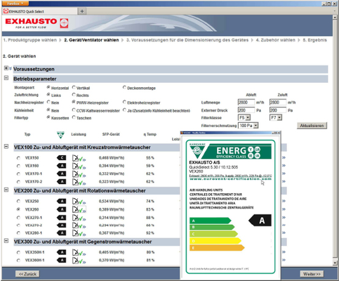 Abb. 6 Mit dem Aus­legungsprogramm QuickSelect erhält man zu einem Betriebspunkt schnell einen Überblick über die Eurovent-Energieeffizienzklassen ­verschiedener Geräte. - © Exhausto
