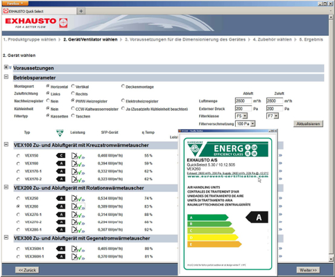 Abb. 6 Mit dem Aus­legungsprogramm QuickSelect erhält man zu einem Betriebspunkt schnell einen Überblick über die Eurovent-Energieeffizienzklassen ­verschiedener Geräte.