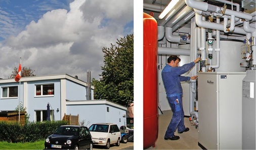 Abb. 3 Die Nachheizung erfolgt über ein Nahwärmenetz. In der Heizzentrale stellt die Grundlast ein BHKW und die Spitzenlast einen Gas-Heizkessel bereit.