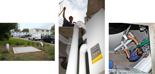 Abb. 2 Im Vorgarten der Mehrfamilienhäuser ­verbirgt sich die Technik in der Erde. In umfunk­tionierten Regenwasserzisternen befindet sich die Solar-, Frischwasser- und Heizkreistechnik.