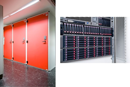 Abb. 2 Die Abwärme aus den drei hermetisch ­geschlossenen 19“-Serverschränken wird von einer ­individuellen Umluftkühlung über einen Luft/ Wasser-Wärmeübertrager („Rittal Liquid Cooling ­Package“) abgeführt. Die bisherige Installation zur ­Klimatisierung des EDV-Raums wurde rückgebaut.