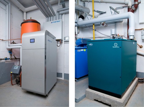 Abb. 4 Die Adsorptionskältemaschine von InvenSor und das SenerTec-BHKW. Mit der KWKK-Anlage wurde der Strombezug für den Betrieb der EDV-Server um 77 % gegenüber der Kühlung mit einer Kompressionskälteanlage gesenkt.